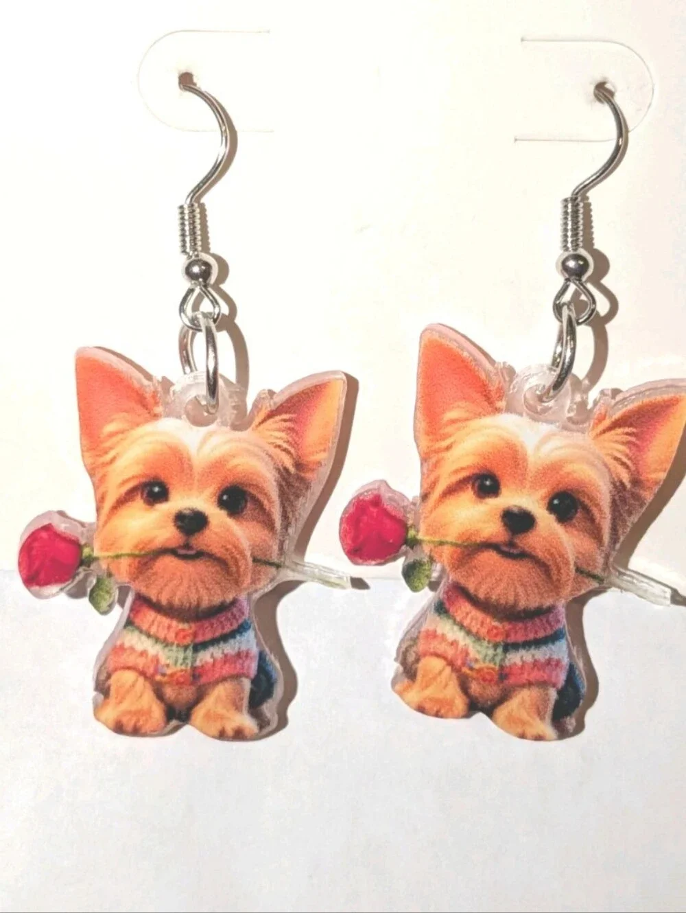 Hand Crafted Yorkie Puppy Earrings with Red Rose